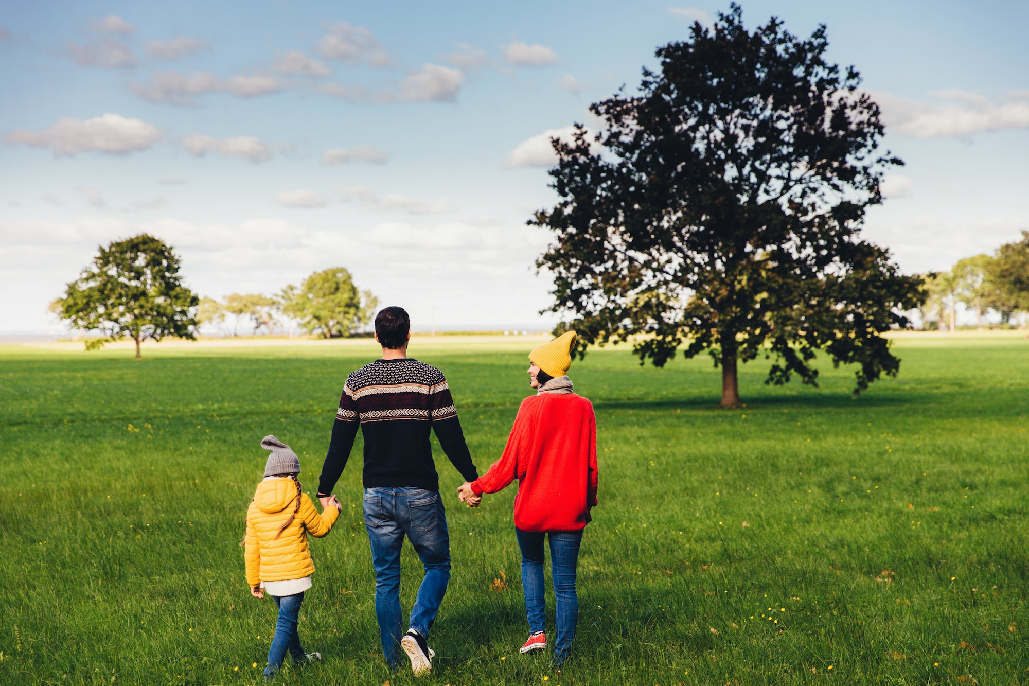 Friendly family members have walk together on green meadow, keep hands, have pleasant conversation